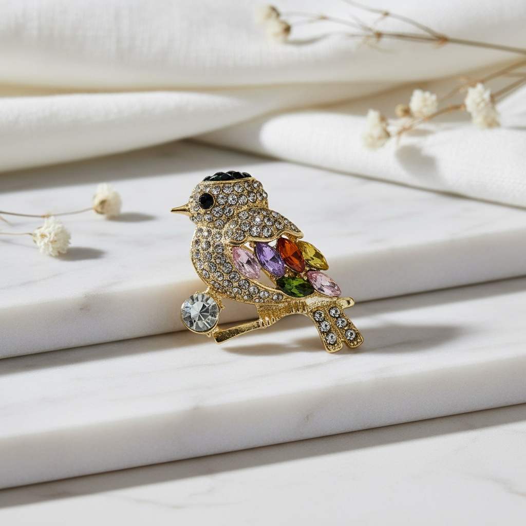 Crystal Bird Brooch | Gold Plated Multicolour Brooch