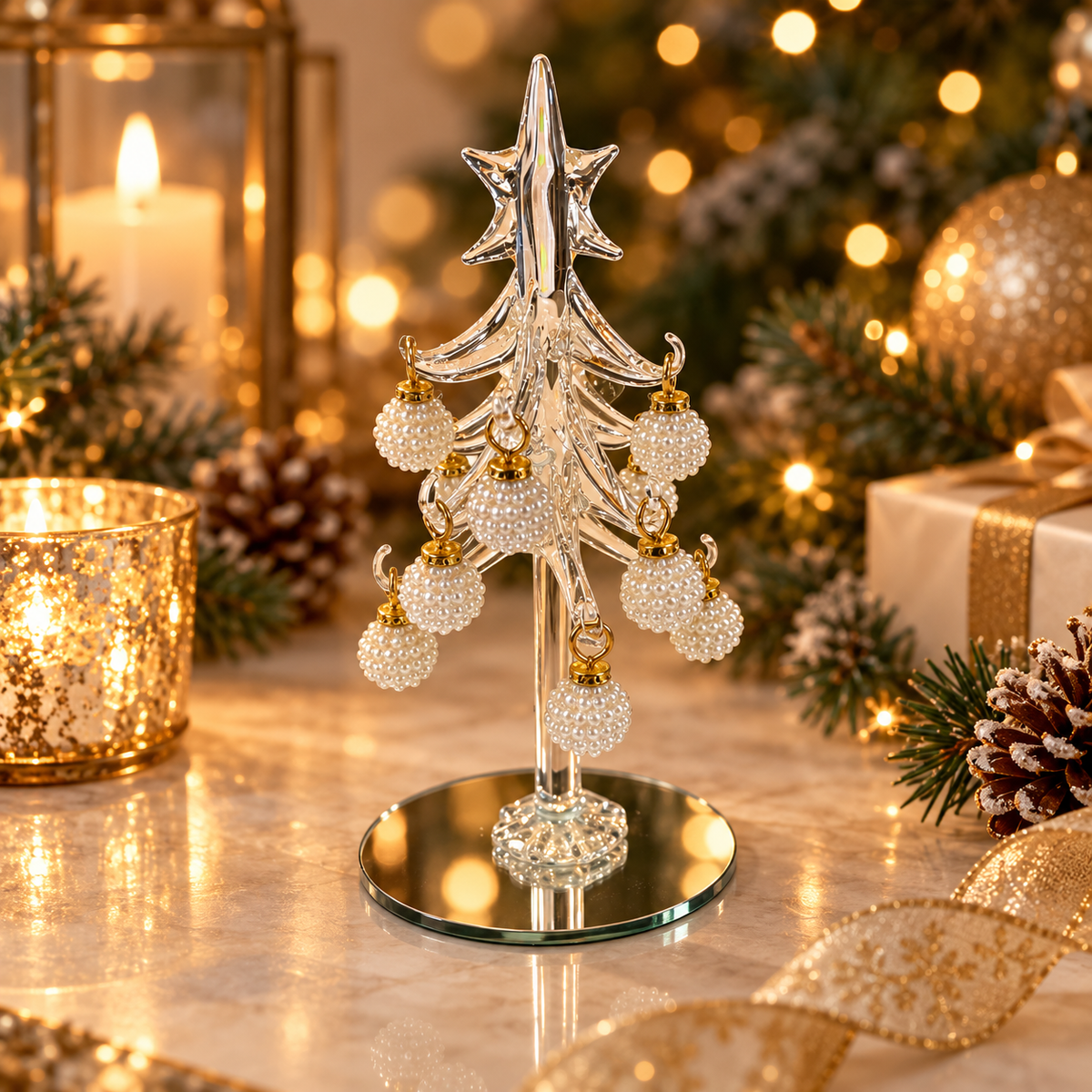 Glass Christmas Tree with Pearl Baubles – 20cm