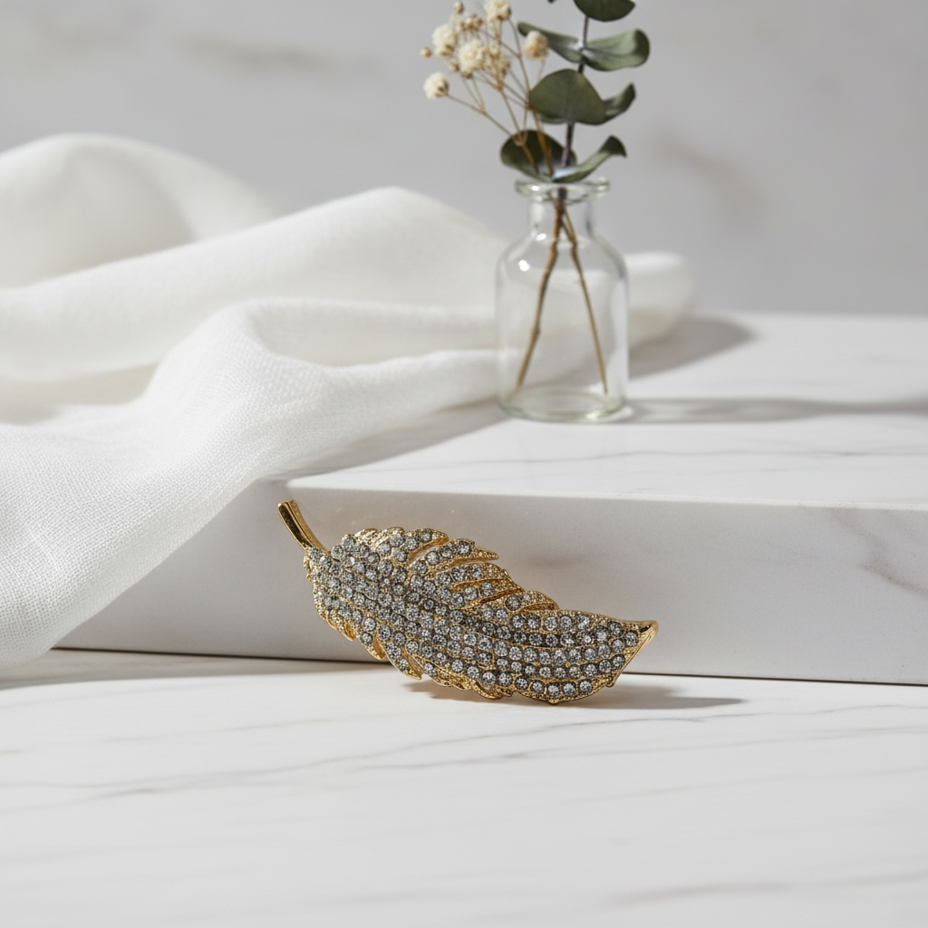 Crystal Feather Brooch | Gold Plated Feather Pin