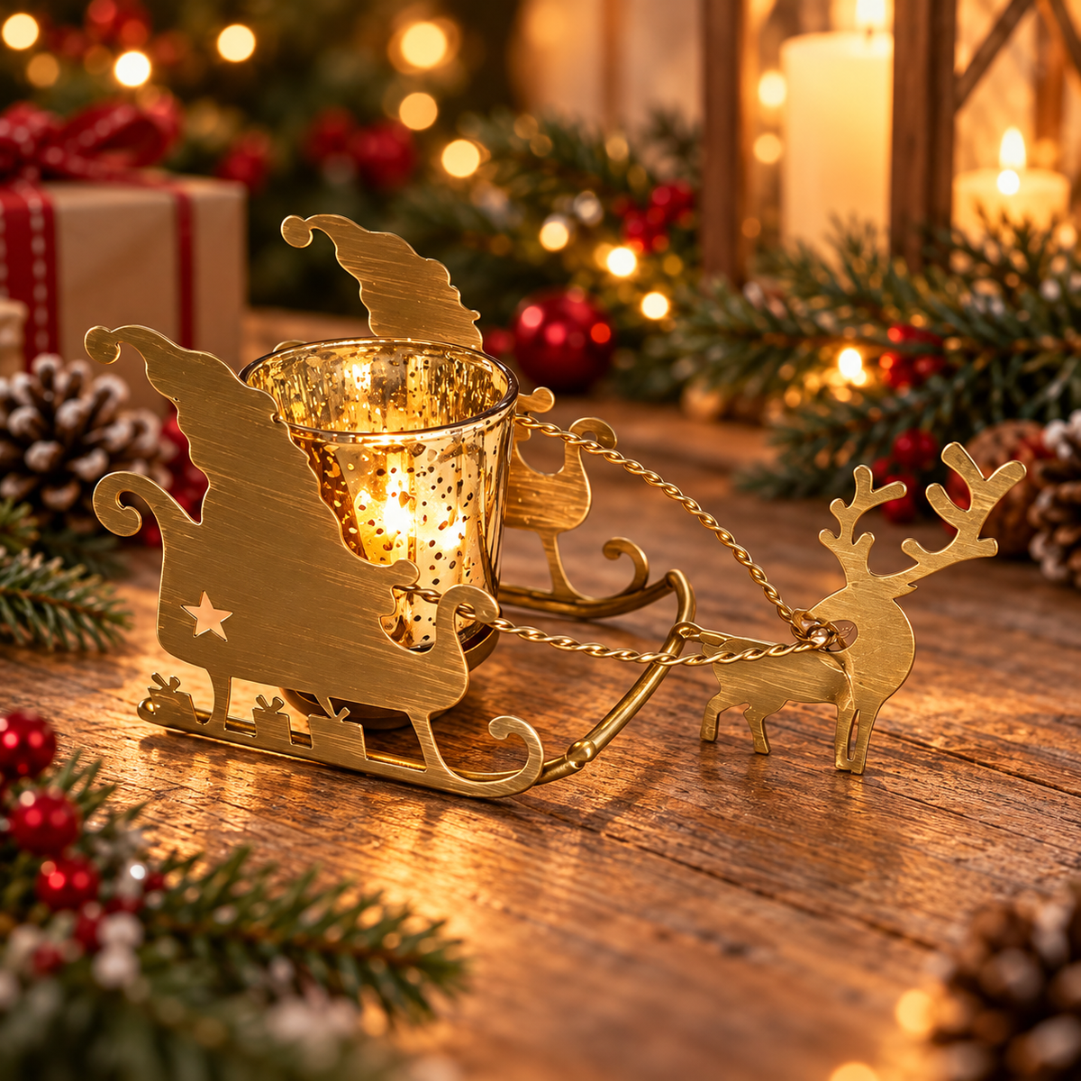 Gold Santa Sleigh & Reindeer Tealight Holder