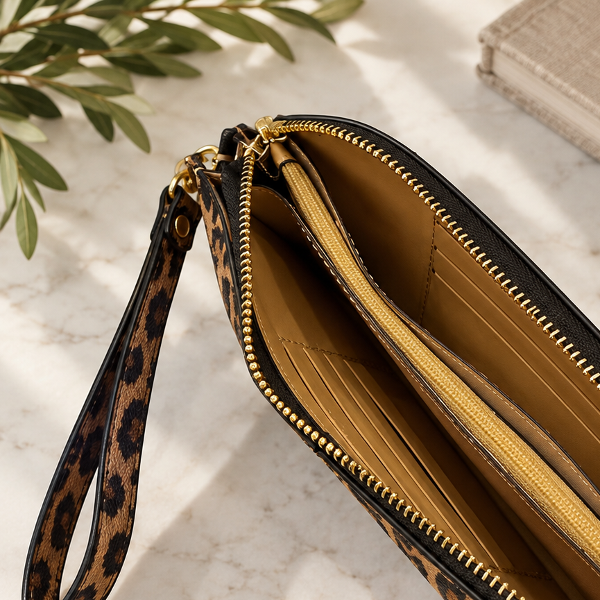 A leopard print zip-around pouch with a wrist strap, shown open on a marble surface with a gold-toned interior and gold zipper.