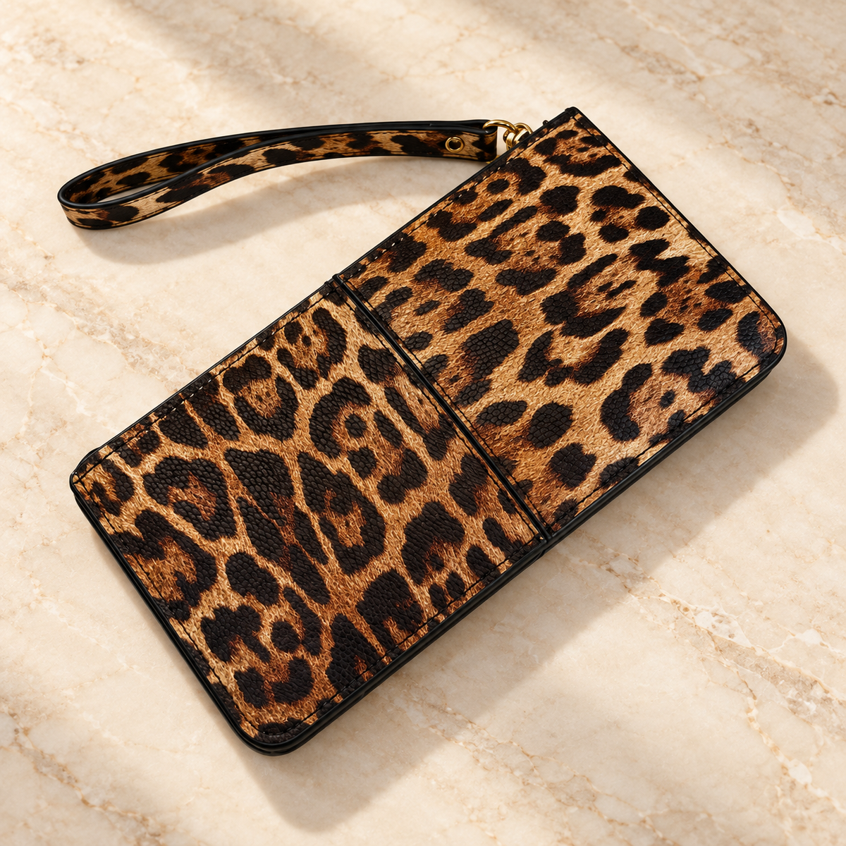 A leopard print wristlet clutch with a matching wrist strap, displayed diagonally on a beige marble surface.