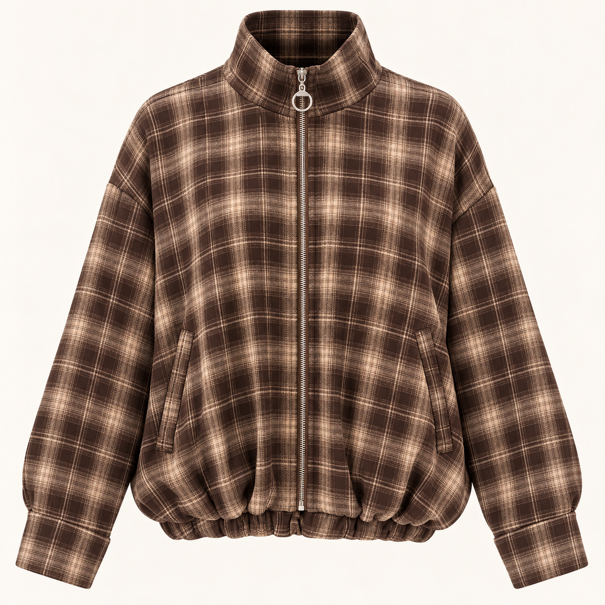 A brown and beige plaid zip-up jacket with a high stand-up collar, elasticized hem, and side pockets, shown against a plain off-white background.
