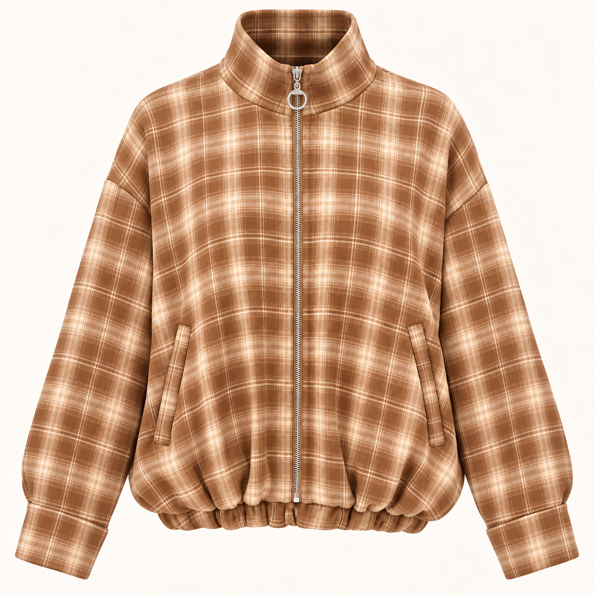 A cropped, oversized zip-up jacket with a high mock neck and a brown and beige plaid pattern, shown against a plain off-white background.