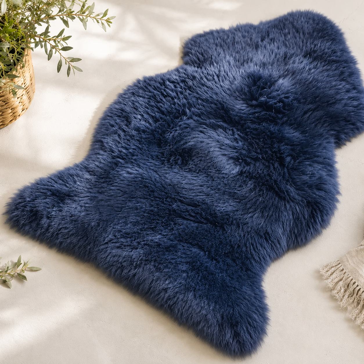 A plush, shaggy sheepskin-style rug in a deep navy blue color, laid out on a light beige fabric surface with decorative props like a potted olive branch and a fringed textile.