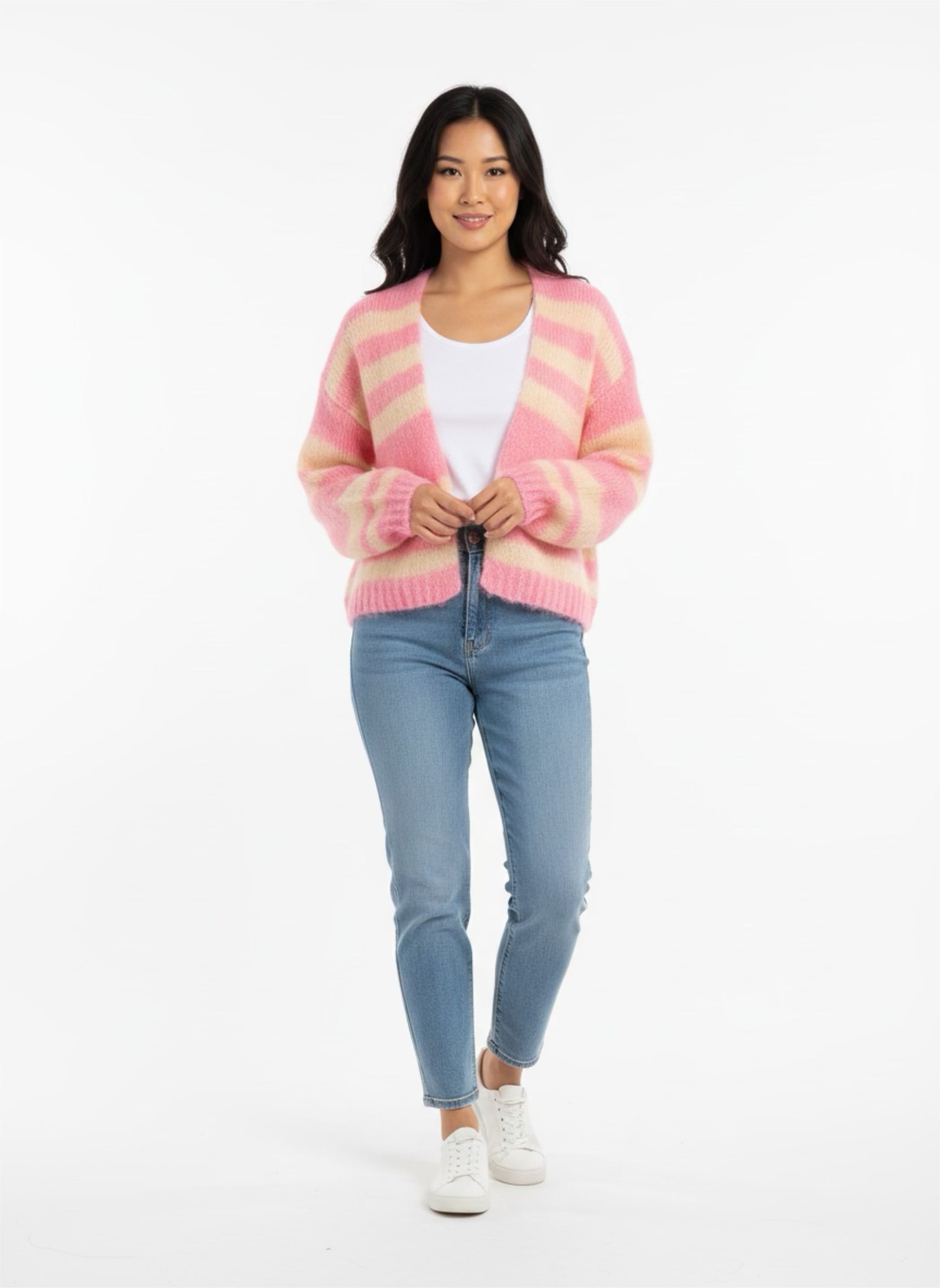 Soft Stripe Open Front Cardigan