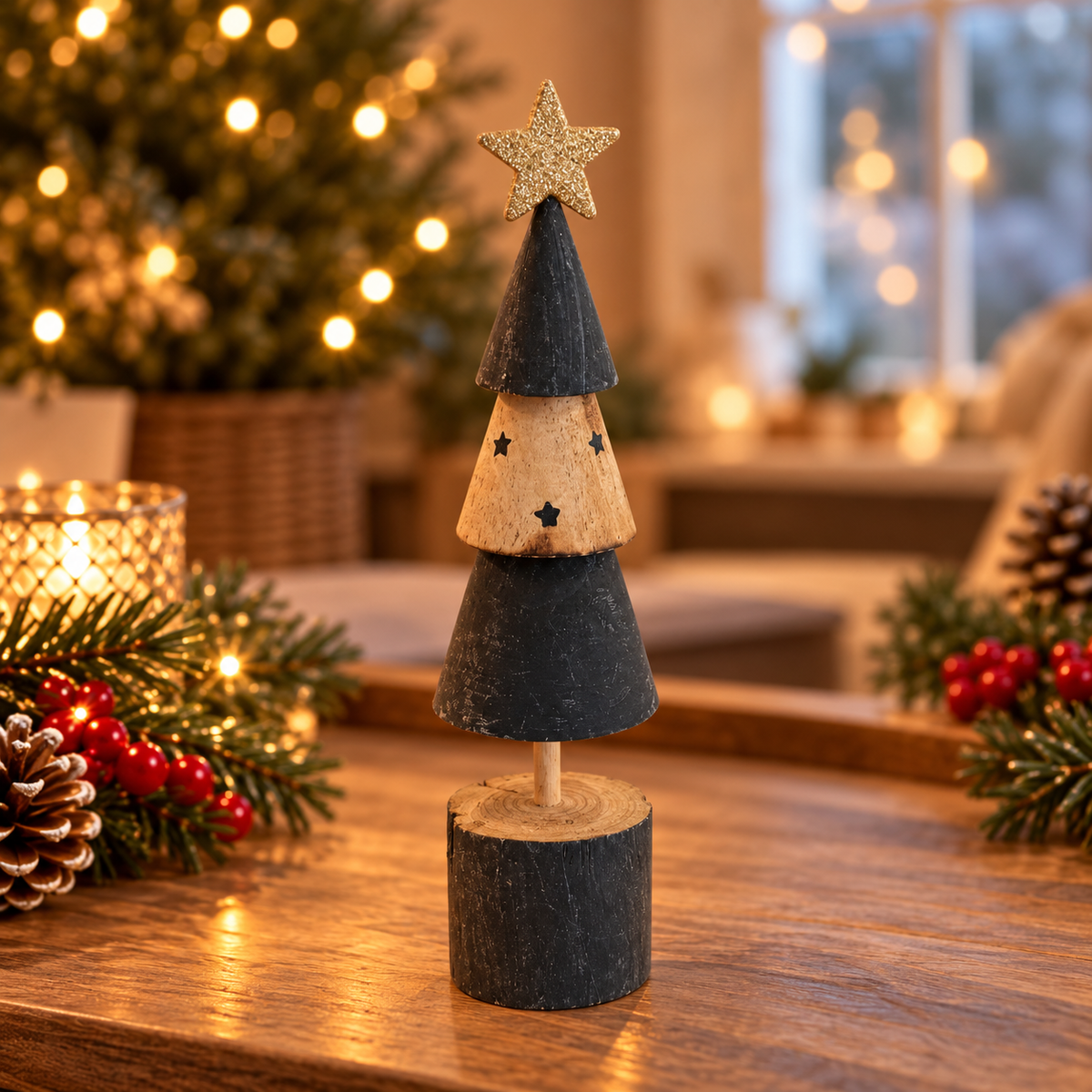 Nordic Wooden Christmas Tree with Gold Star – 25cm