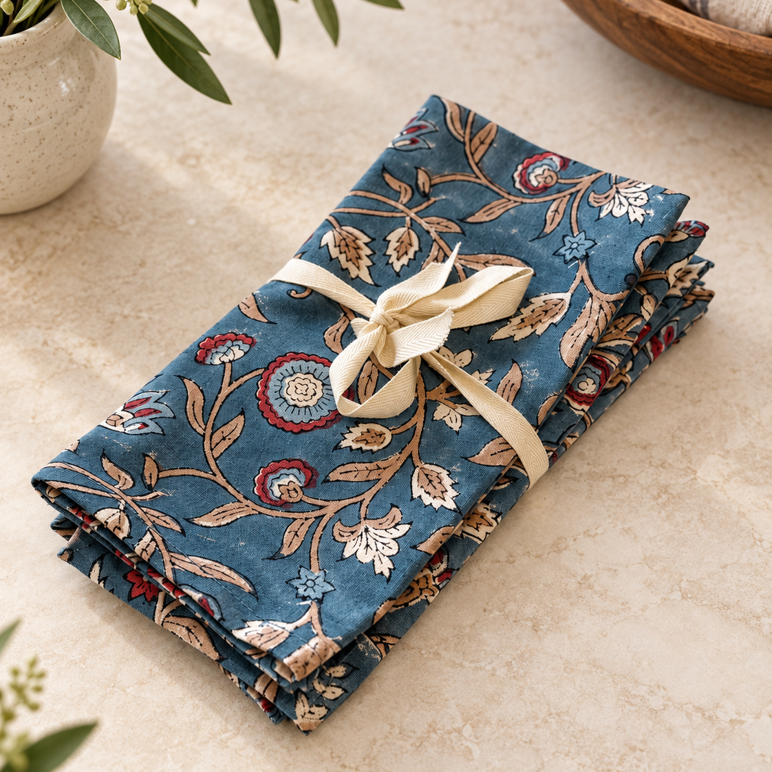 Blue Floral Cotton Napkins – Set of 4