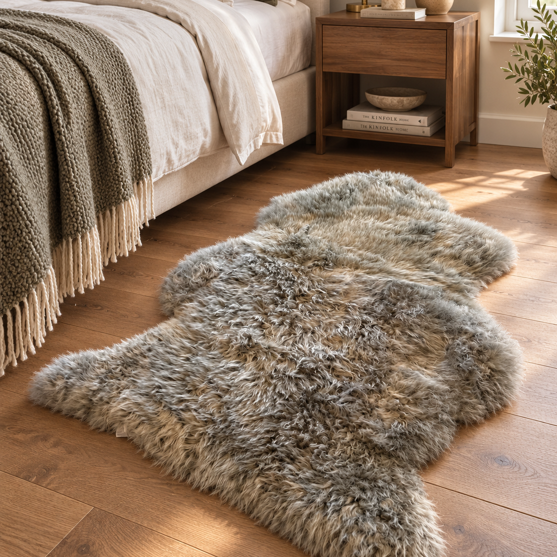 A fluffy shag rug in mixed gray, taupe, and cream tones laid on a hardwood floor in a bright bedroom, with a bed, nightstand, lamp, and plants visible.