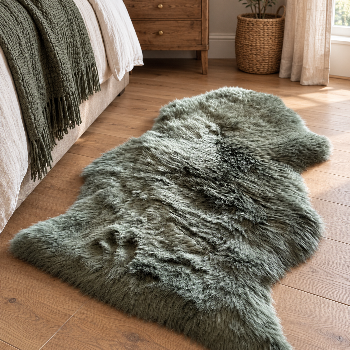 A fluffy sheepskin-style rug in a muted sage green color, laid out on a light brown wooden floor in a bedroom setting next to a bed and nightstand.