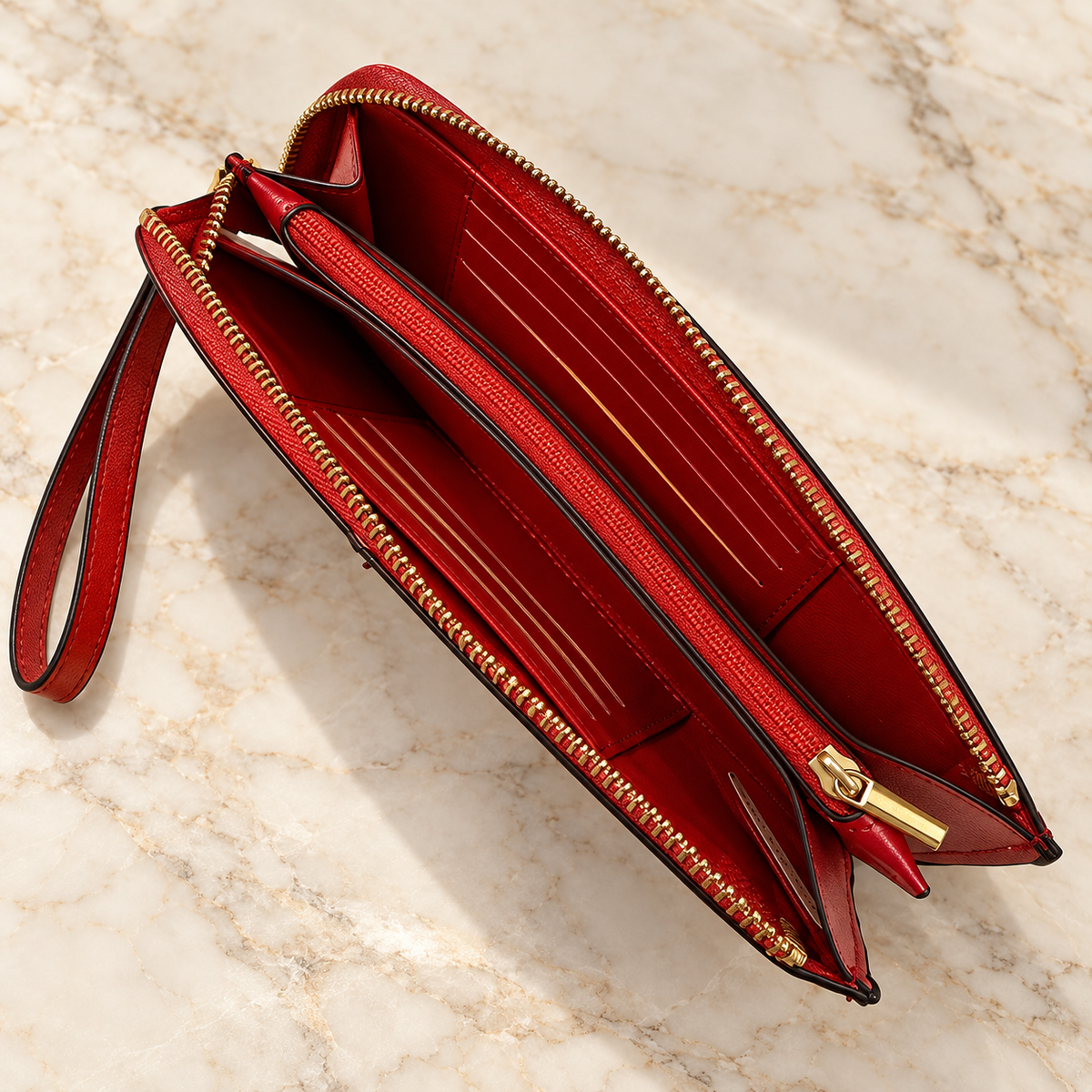 A red leather zip-around wallet or clutch shown open on a light beige marble surface, with gold-tone zippers, card slots, and a wrist strap.