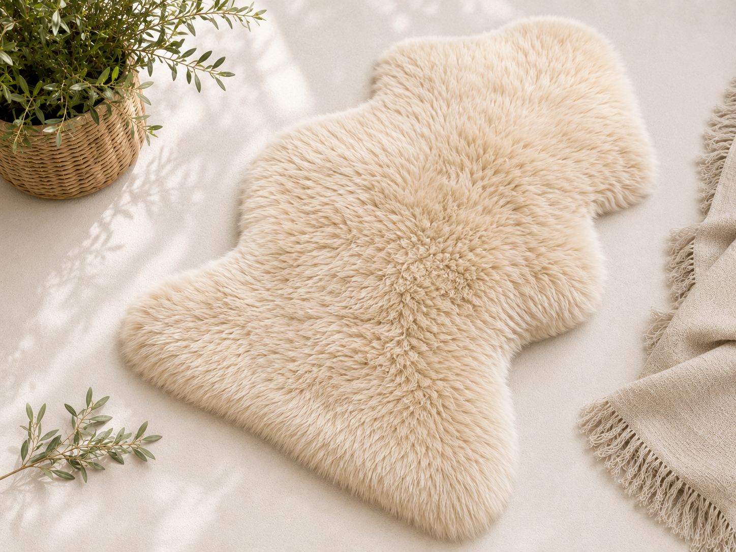 A fluffy cream-colored sheepskin rug with a natural irregular hide shape, styled on a light beige surface next to a woven basket planter and a fringed throw blanket.