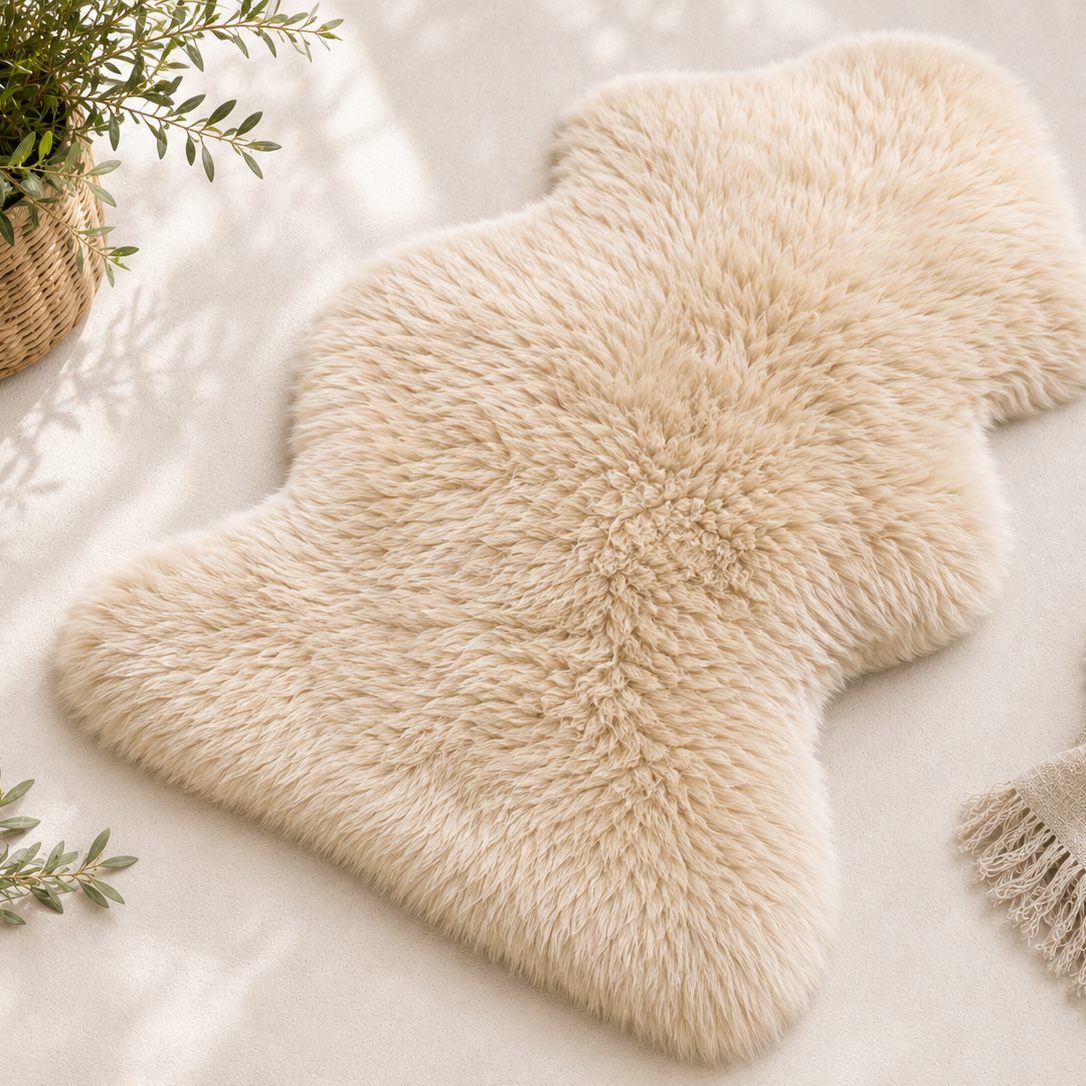 A fluffy cream-colored sheepskin rug with a natural irregular hide shape, styled on a light beige surface next to a woven basket planter and a fringed throw blanket.