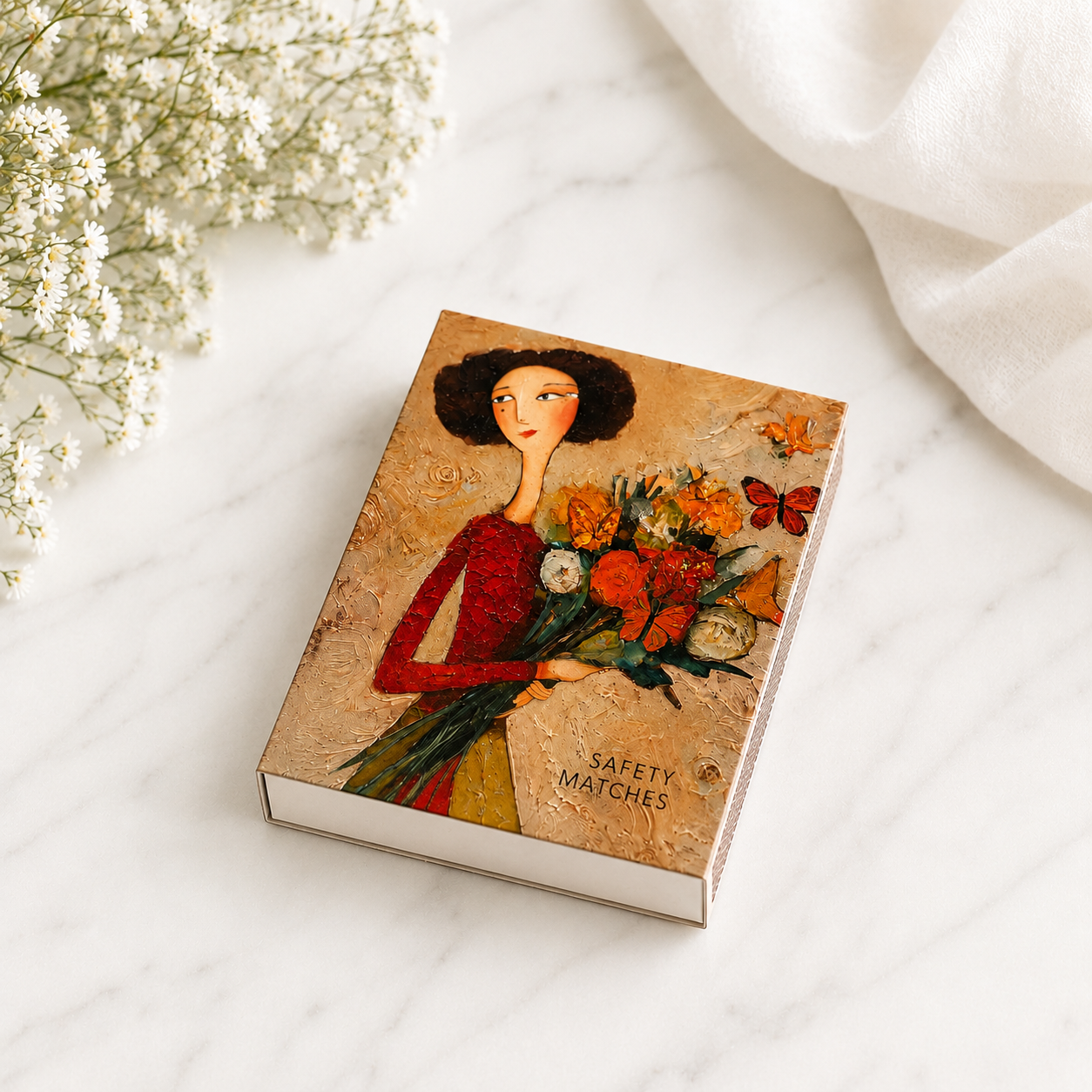 A decorative matchbox with an artistic illustration of a woman holding a bouquet of flowers, placed on a white marble surface with white flowers and draped fabric in the background.