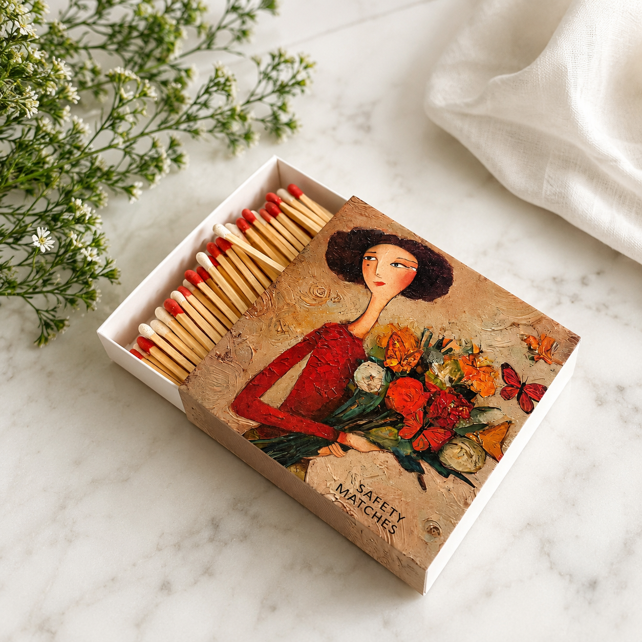 An open decorative matchbox filled with wooden safety matches, placed on a white marble surface with small white flowers and a white fabric prop. The matchbox lid features an artistic illustration of a woman holding a bouquet of flowers.