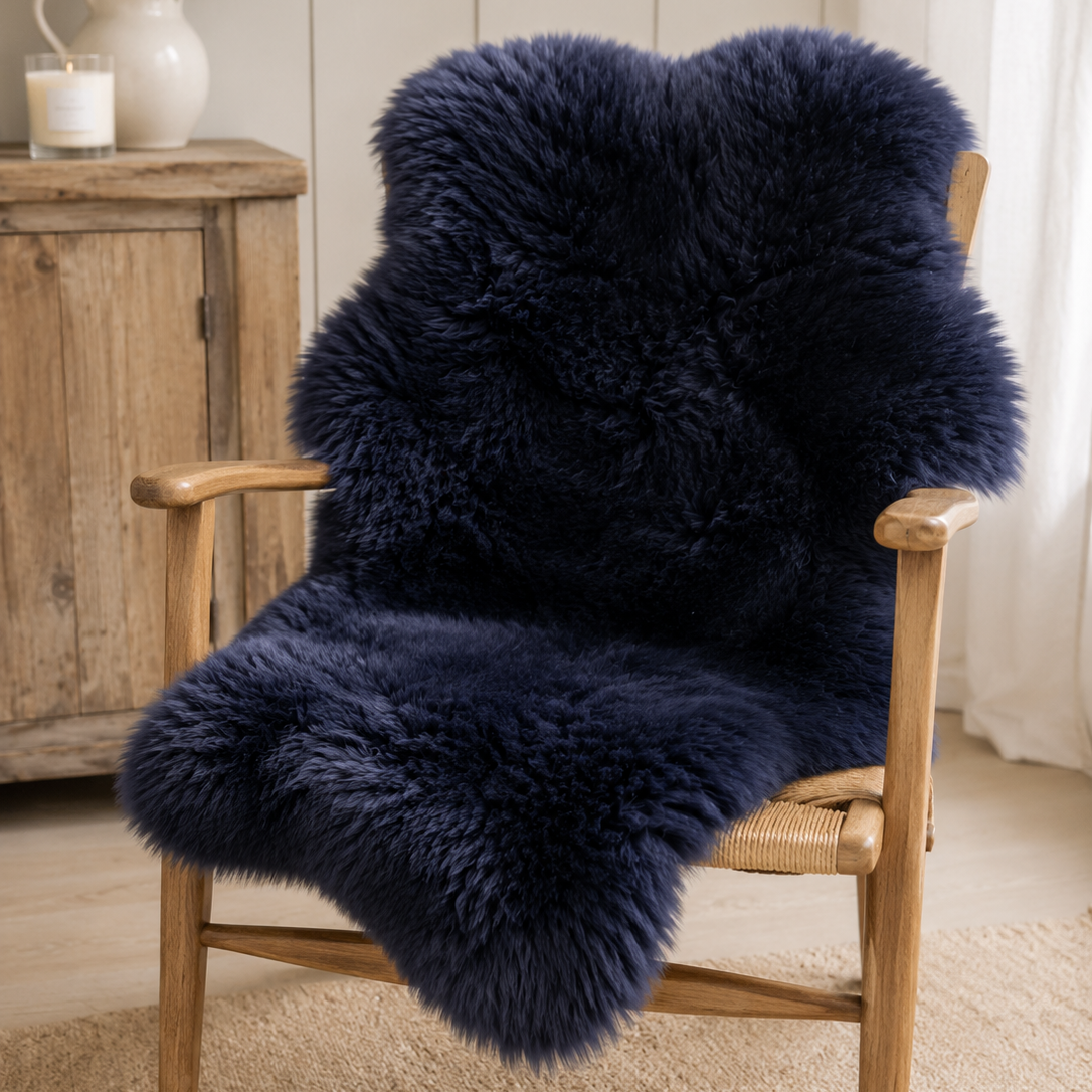 A plush, dark navy blue sheepskin or faux-sheepskin throw blanket draped over a light wood armchair in a bright, neutral-toned room.