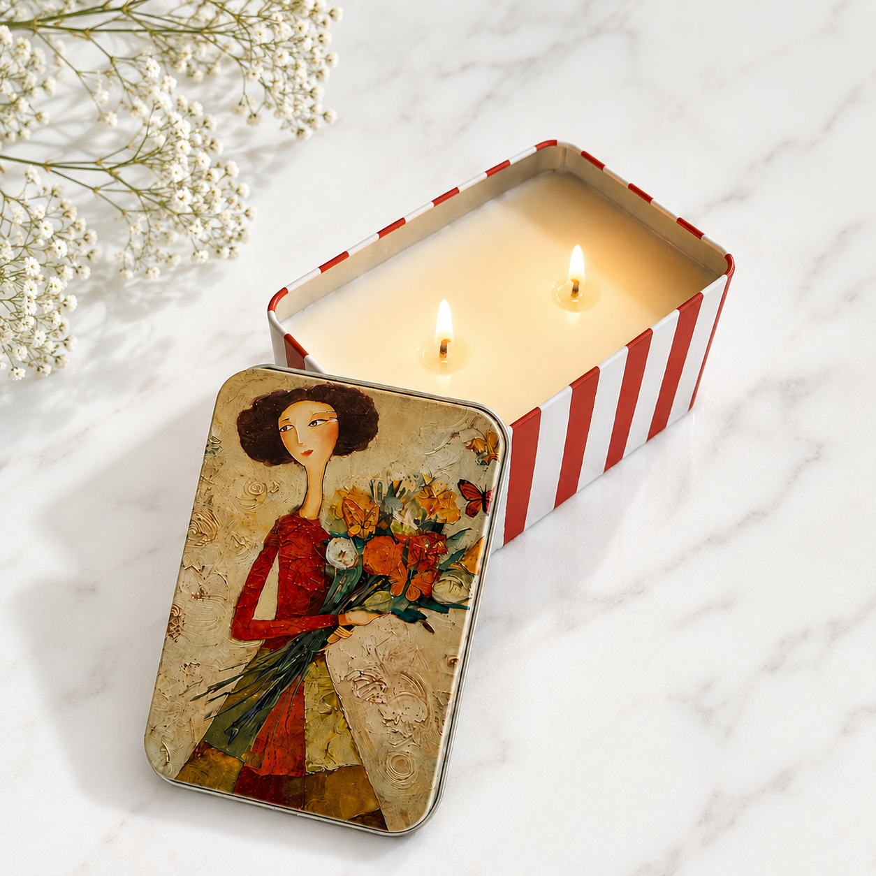 A lit candle in an open rectangular tin with red-and-white vertical stripes, placed on a white marble surface beside a decorative lid featuring an illustrated woman holding flowers. Small white flowers and marble are visible in the scene.
