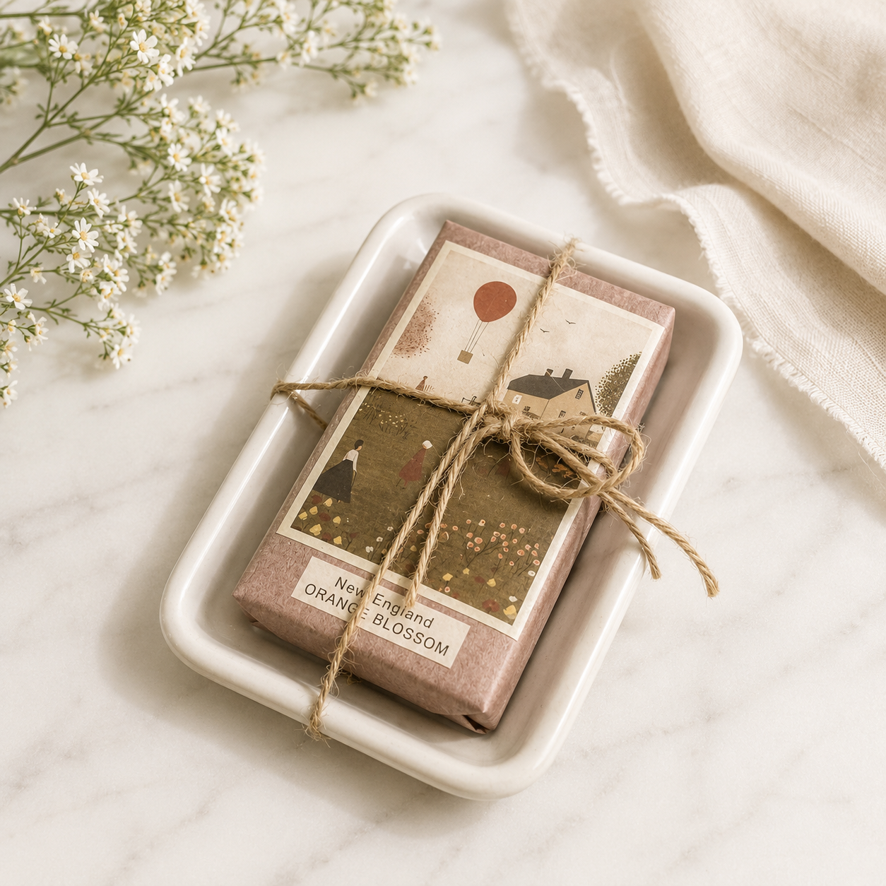 A small rectangular package wrapped in kraft paper with a printed illustration and tied with twine, resting in a white ceramic dish on a light marble surface with small white flowers and a cream cloth nearby.