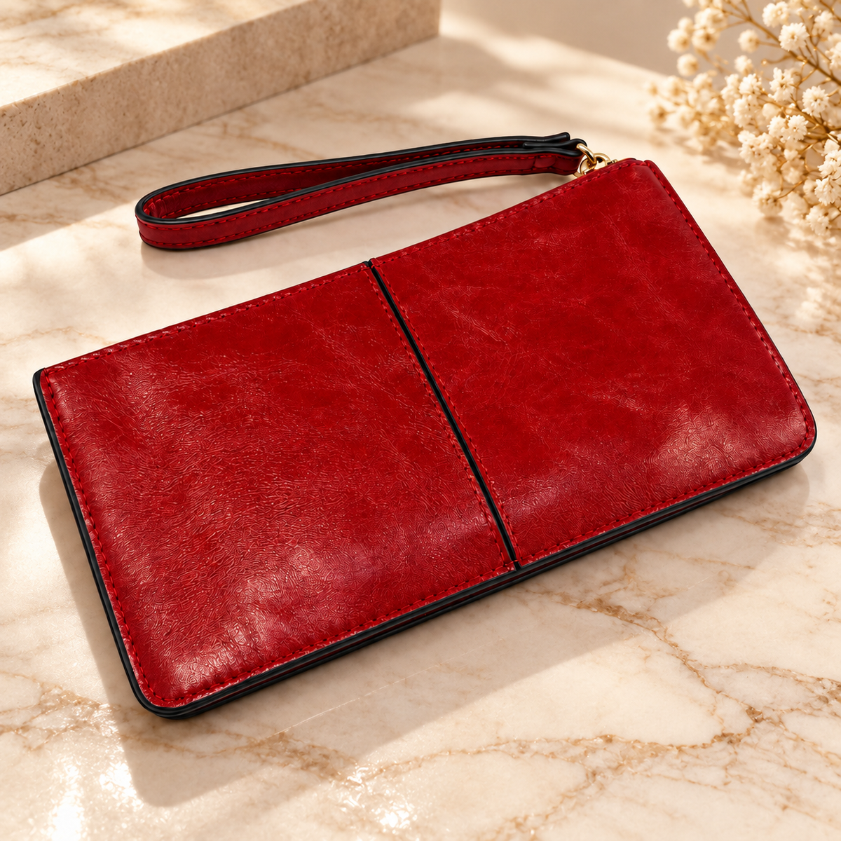 A red faux-leather wristlet clutch with a matching wrist strap, displayed on a beige marble surface with dried flowers in the background.