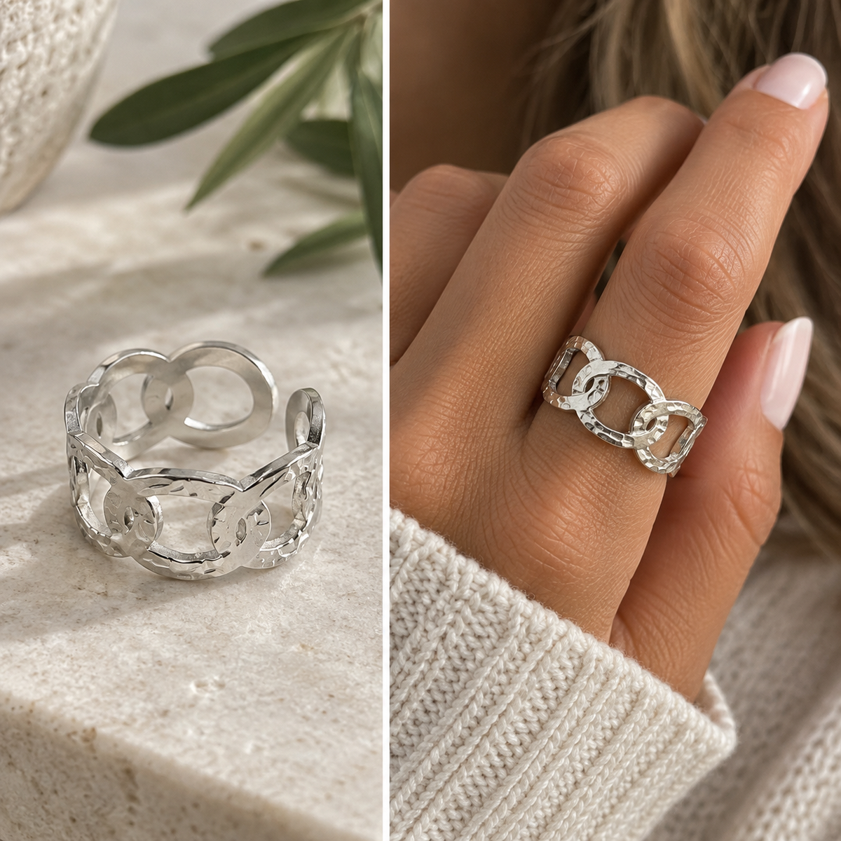 A silver link ring with a textured, hammered finish is shown in a split-screen presentation: on the left, resting on a light stone surface with a leaf prop, and on the right, worn on a person's hand with a cream knit sweater.