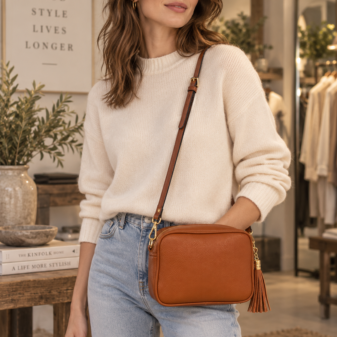 A woman wearing a cream knit sweater and light blue jeans carries a brown leather crossbody bag with a tassel zipper pull in a boutique setting.
