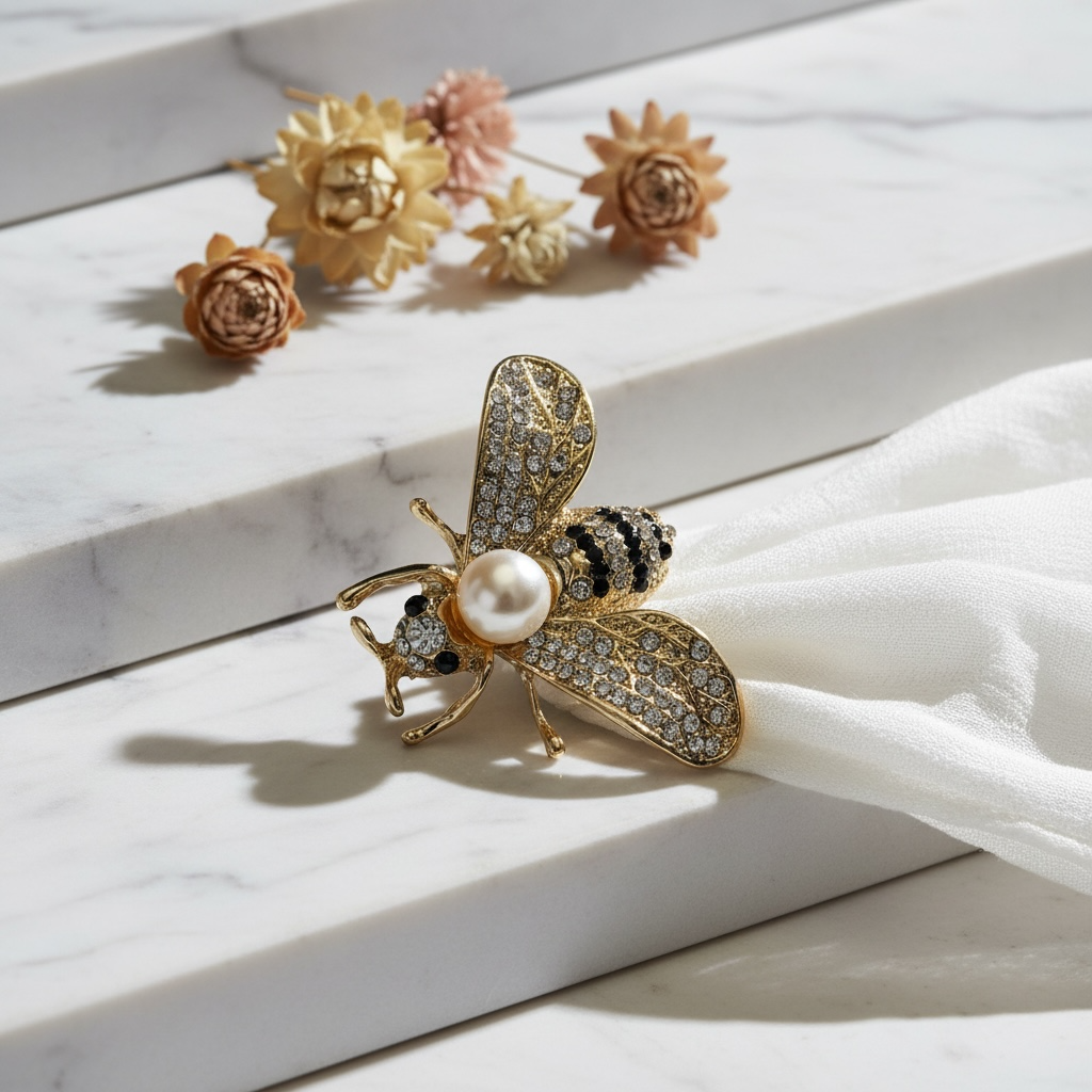 Gold bee brooch with pearl on a white fabric background