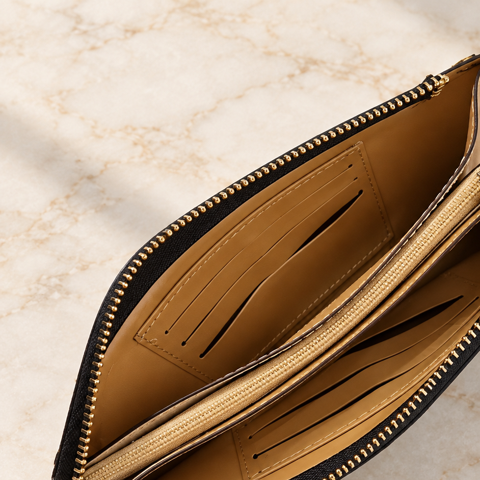 An open black zip-around wallet or clutch with tan interior card slots and gold-tone zippers, photographed on a light marble surface with soft shadows.