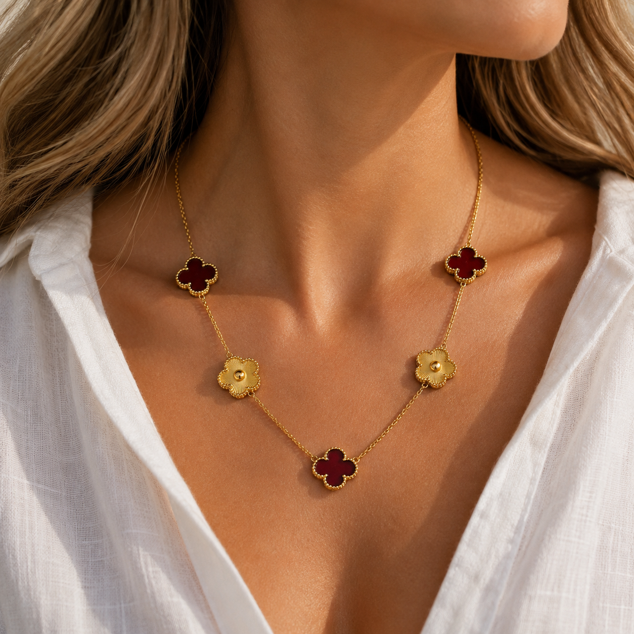 Burgundy Clover Necklace | 18ct Gold Plated Clover Necklace