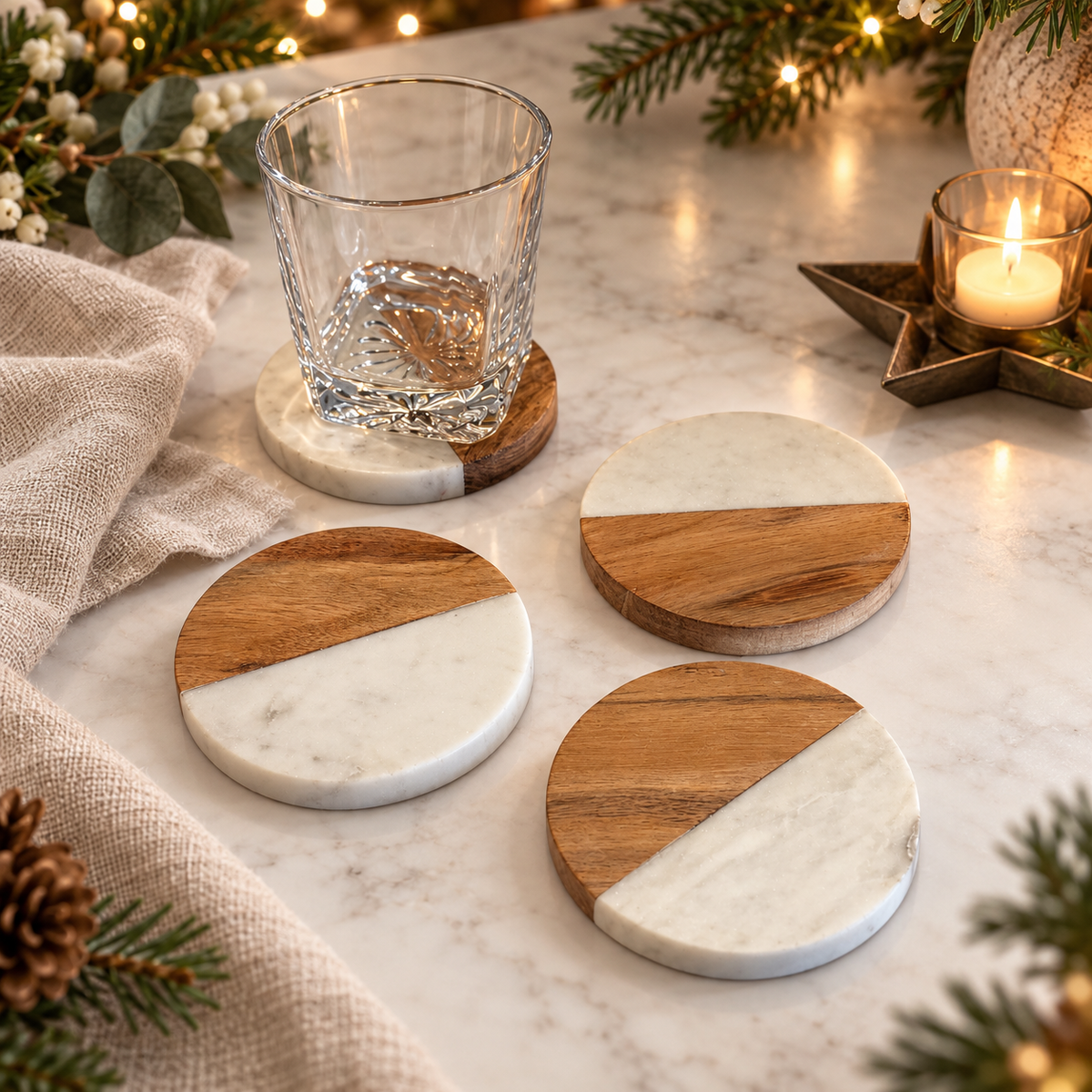 Marble & Wood Coasters – Set of 4
