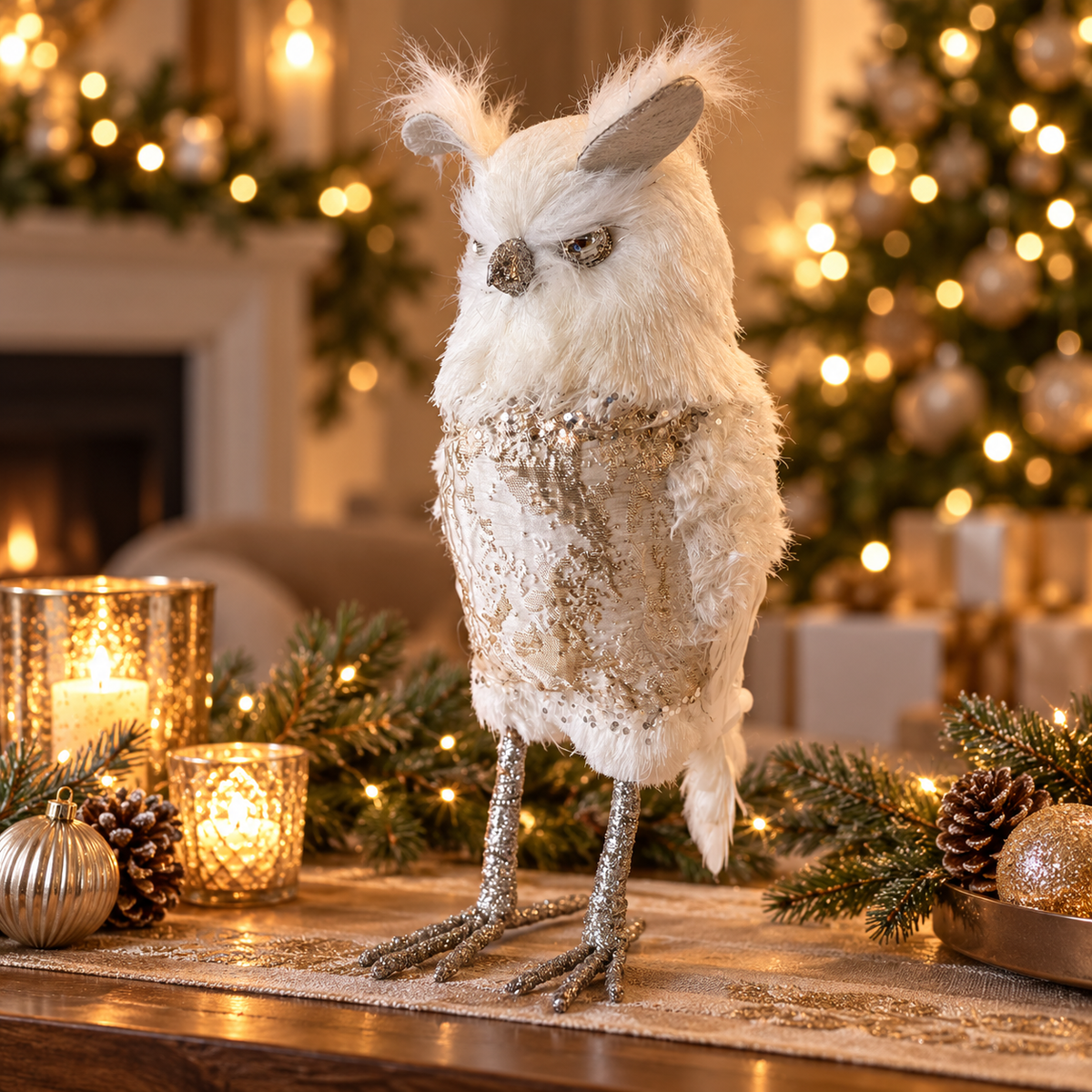 Elegant White & Silver Christmas Owl Decoration – 40cm