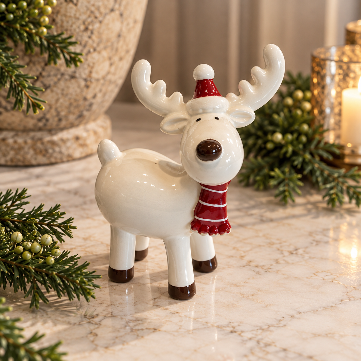 Festive Ceramic Reindeer with Santa Hat & Scarf