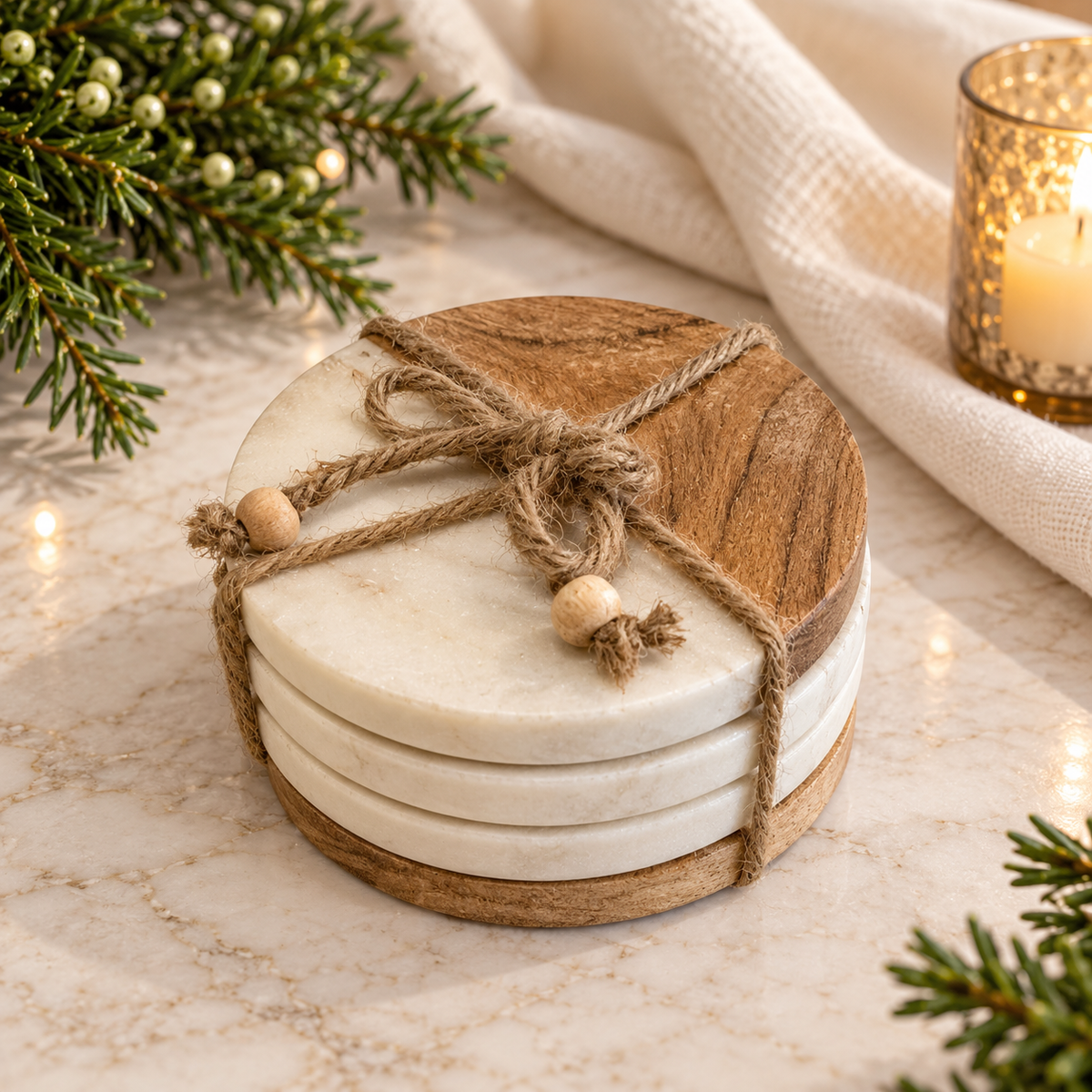 Marble & Wood Coasters – Set of 4
