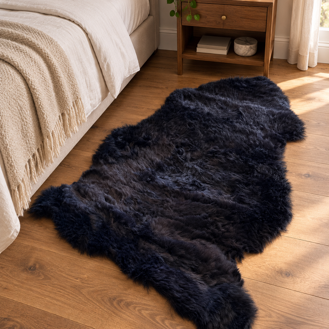 A dark navy blue shaggy faux fur rug laid out on a light brown wooden floor in a bedroom setting, next to a bed and a wooden nightstand.