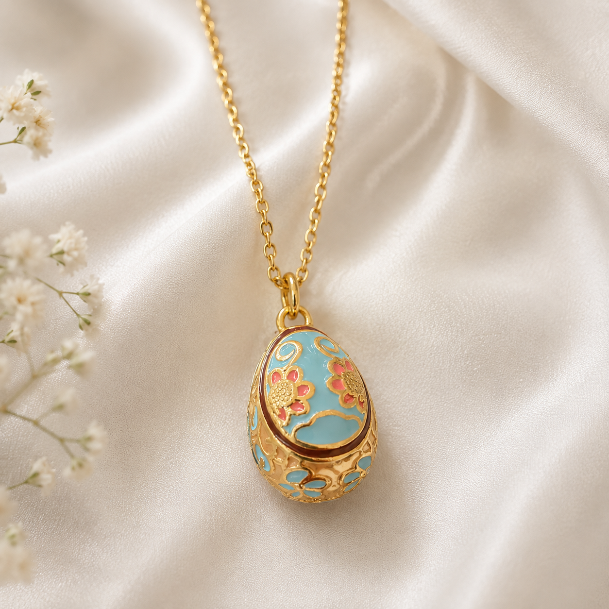 A gold pendant necklace with a decorative egg-shaped locket featuring light blue enamel and pink floral details, displayed on draped white satin fabric with small white flowers at the side.