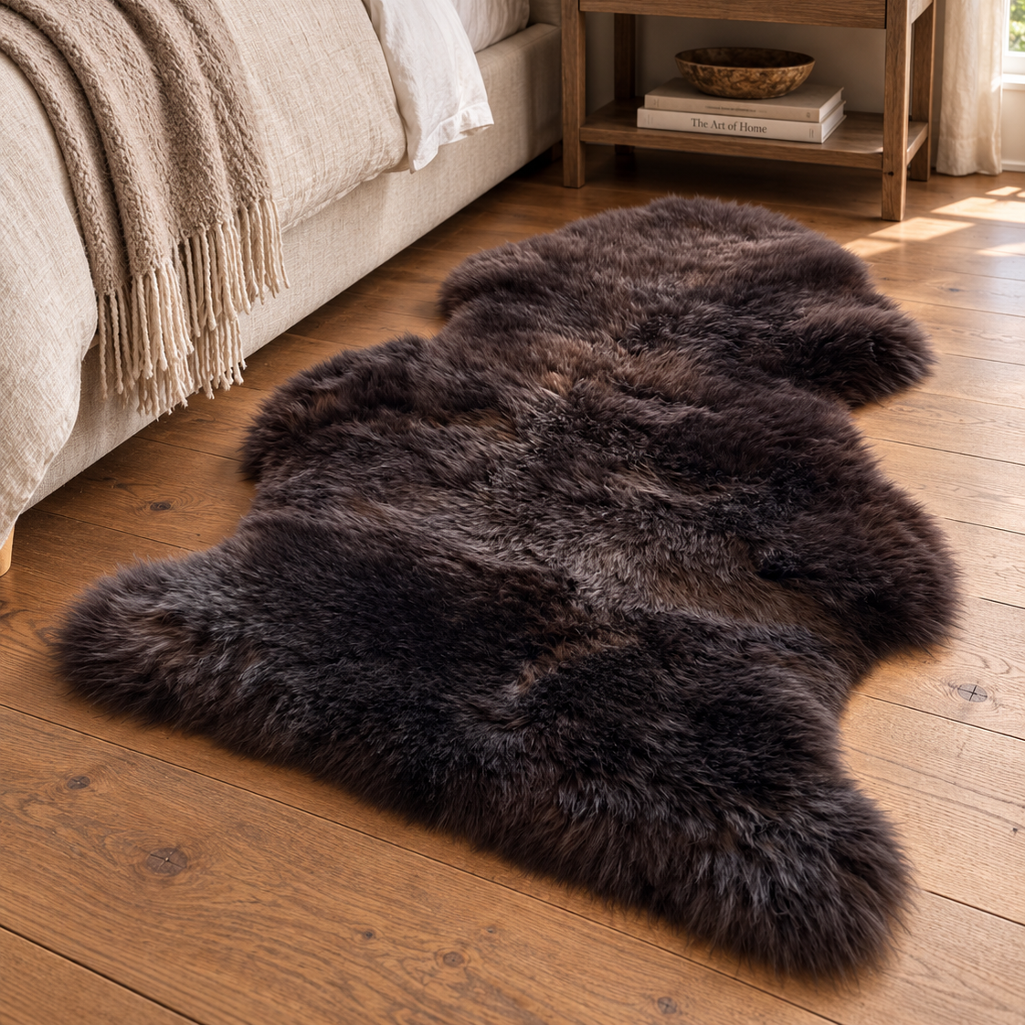 A dark brown shaggy faux fur rug styled on a light brown wooden floor in a cozy bedroom setting next to a bed and wooden nightstand.