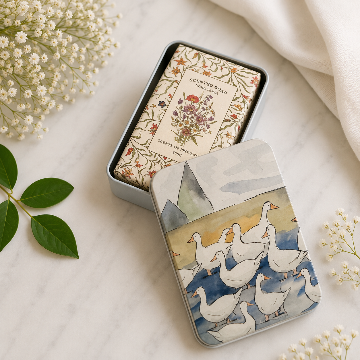 A rectangular metal tin of scented soap sits on a light marble surface with decorative flowers and fabric around it. The lid is partly off and shows an illustration of white geese swimming in blue water, while the soap box inside has a cream floral design and the text 'SCENTED SOAP' and '100% NATURAL'.