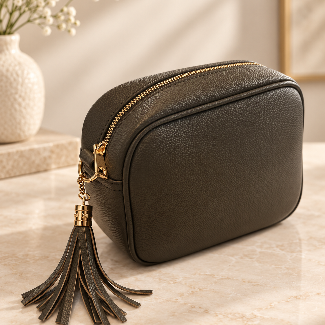 A dark brown pebbled leather cosmetic pouch with a gold zipper and a matching leather tassel charm, styled on a marble surface next to a vase of baby's breath.