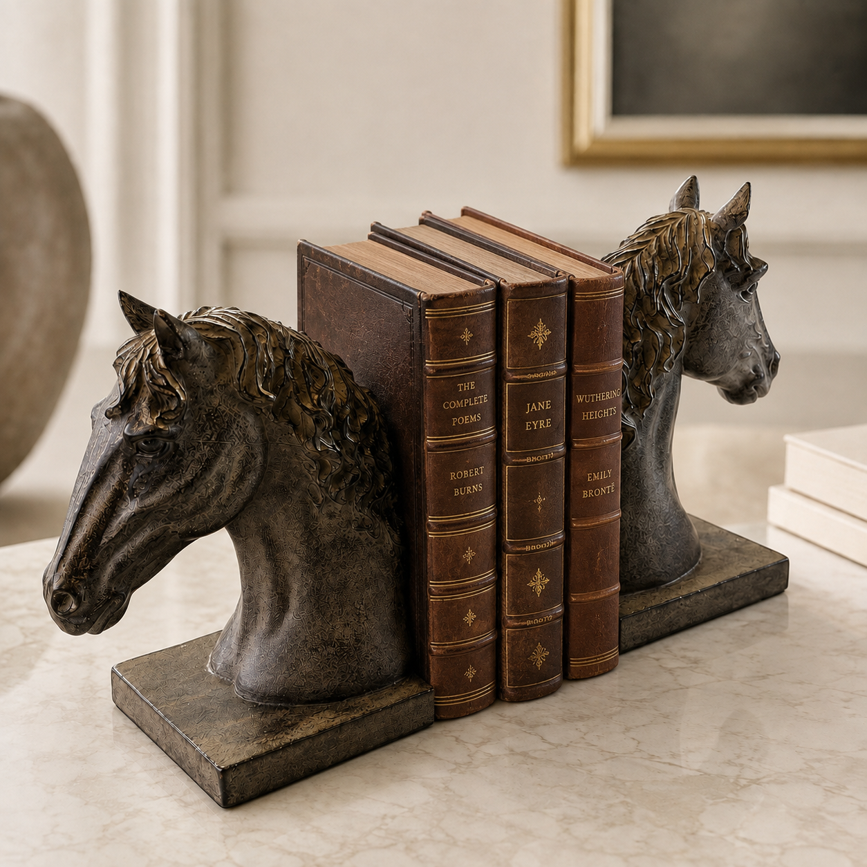 A pair of horse-head bookends holding a set of four vintage-style books on a light marble surface in an indoor setting.