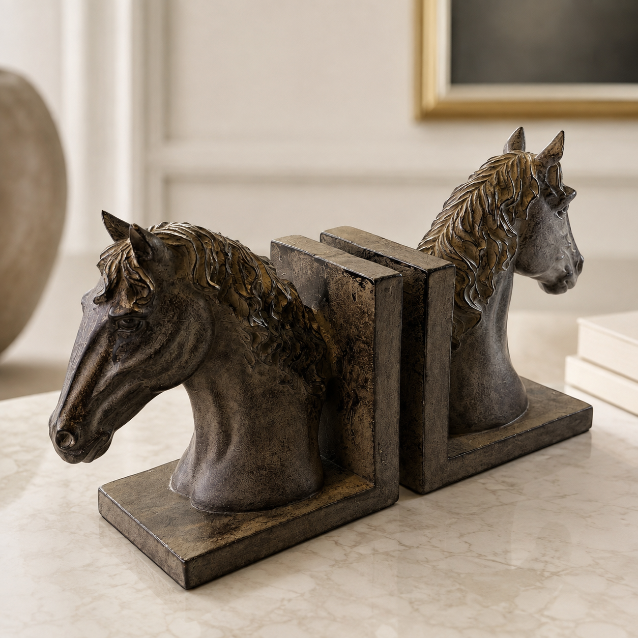 A pair of horse-head bookends displayed on a light marble surface in an elegant indoor setting. The bookends feature sculpted horse heads in a distressed bronze and brown finish, with dark brown rectangular supports between them.
