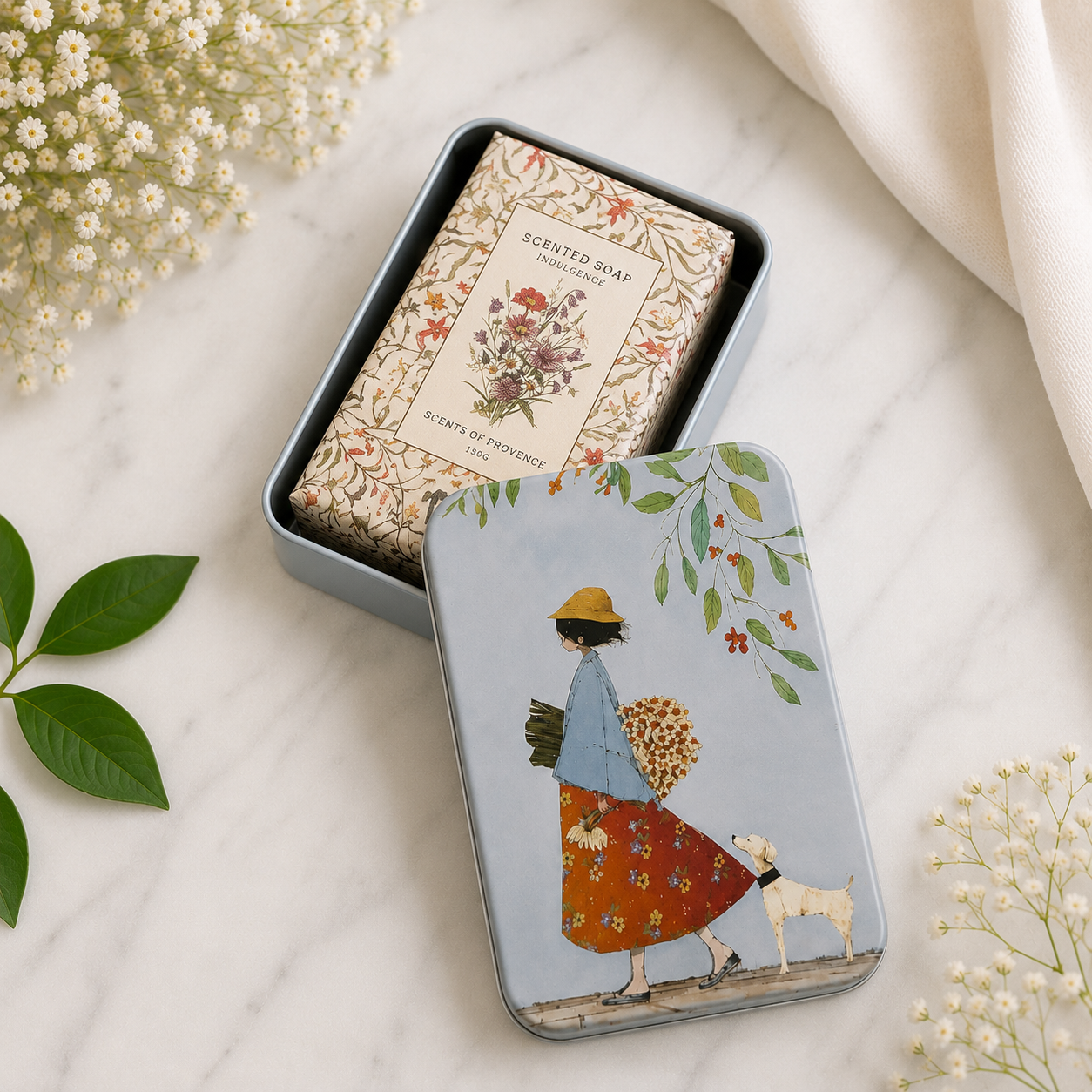 A rectangular metal tin of scented soap, shown open with one soap bar pulled out. The tin lid features an illustration of a woman in a blue and orange floral dress walking a white dog, with green leaves and small white flowers arranged around it on a light marble surface.