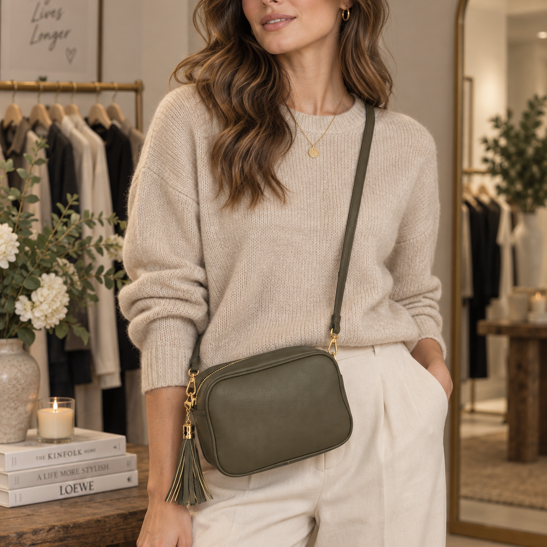 A woman models an olive green faux-leather crossbody bag with a tassel detail, styled with a beige knit sweater and cream trousers in a boutique setting.