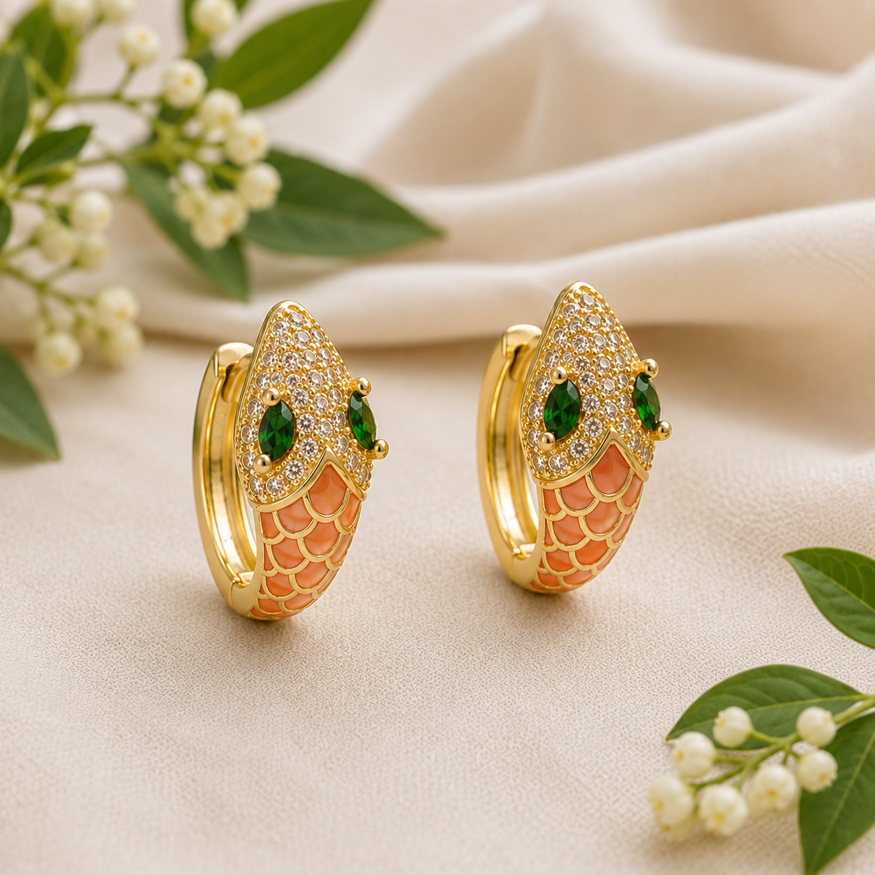 A pair of gold hoop earrings with a snake design, featuring green gemstone eyes, a head paved with clear crystals, and a body decorated with pink and orange enamel scales, displayed on a beige fabric background with decorative green leaves and small white flowers.