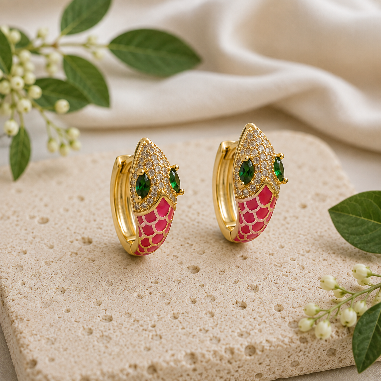A pair of gold huggie hoop earrings with a pink and red fish design, green gemstone eyes, and small clear crystals on the forehead, displayed on a textured beige stone slab with green leaves and cream fabric in the background.