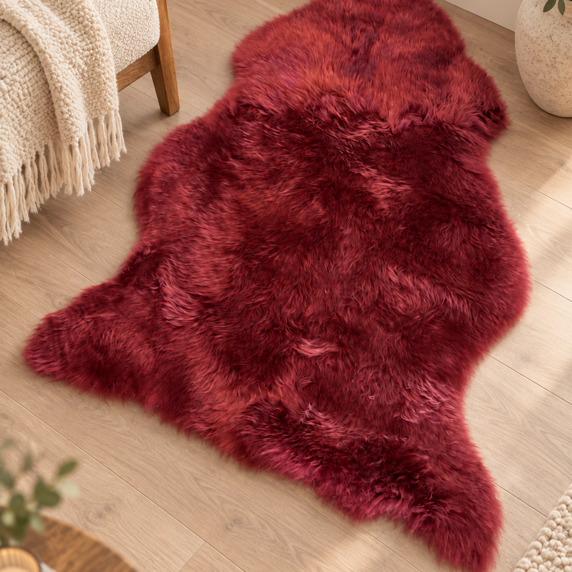 A shaggy, textured animal-print rug in deep burgundy red, styled on a light wood floor next to a cream-colored armchair with a fringed throw blanket.