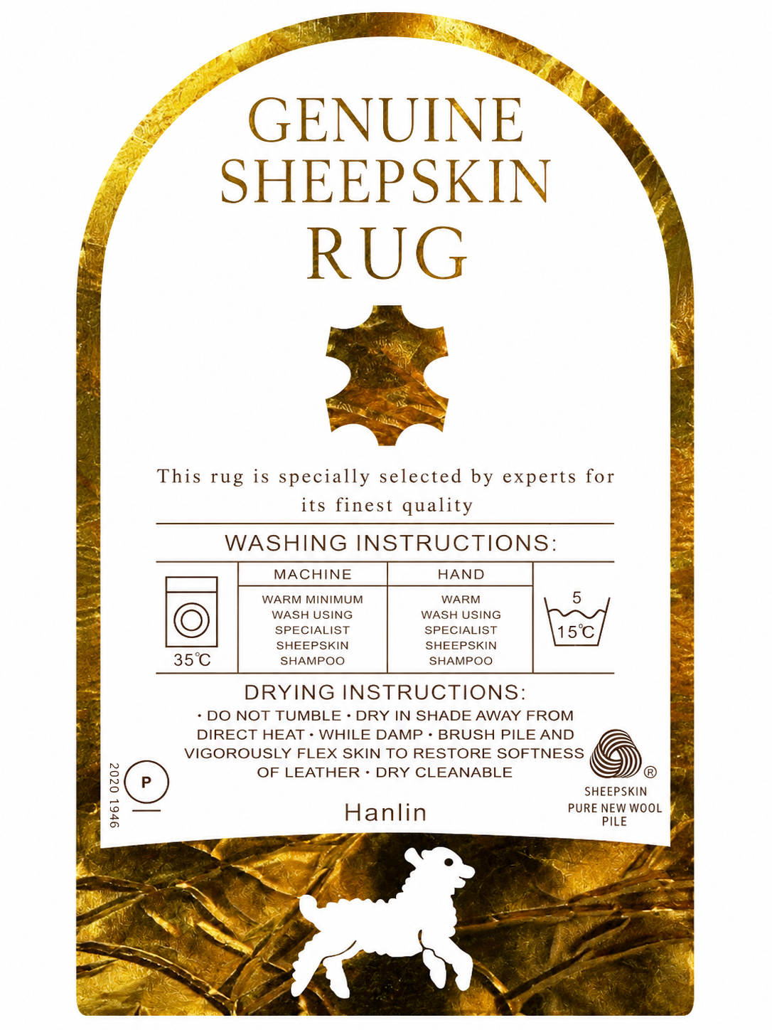 A square product label for a Genuine Sheepskin Rug by Hanlin, featuring a white center with gold text and washing/drying instructions, framed by a textured gold sheepskin border.