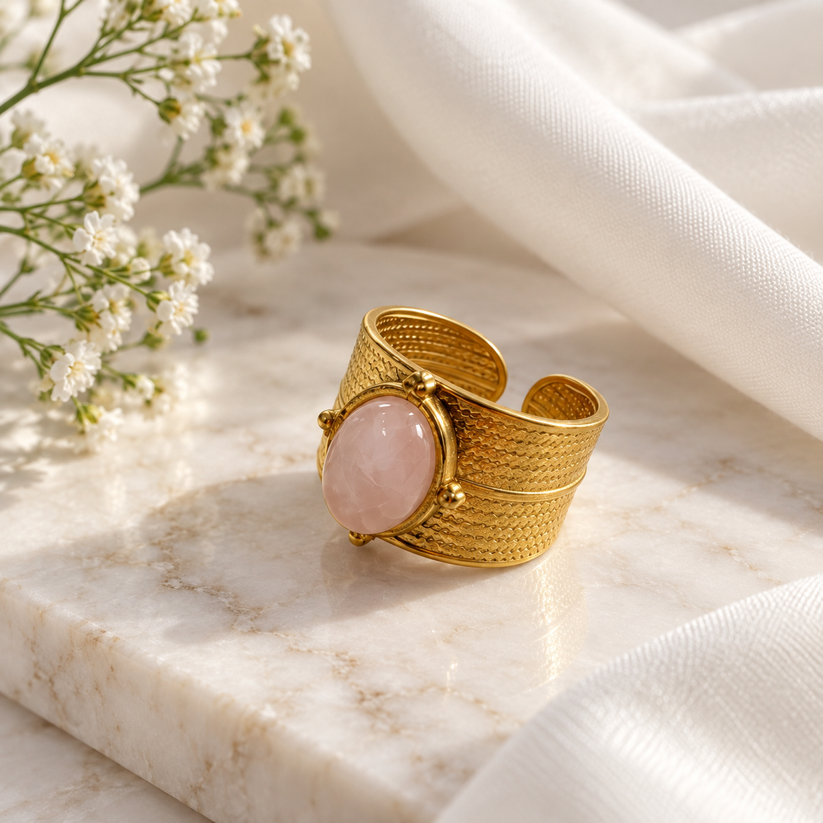 A gold-toned textured cuff ring with a large oval pink stone, styled on a white marble slab with white fabric and small white flowers.