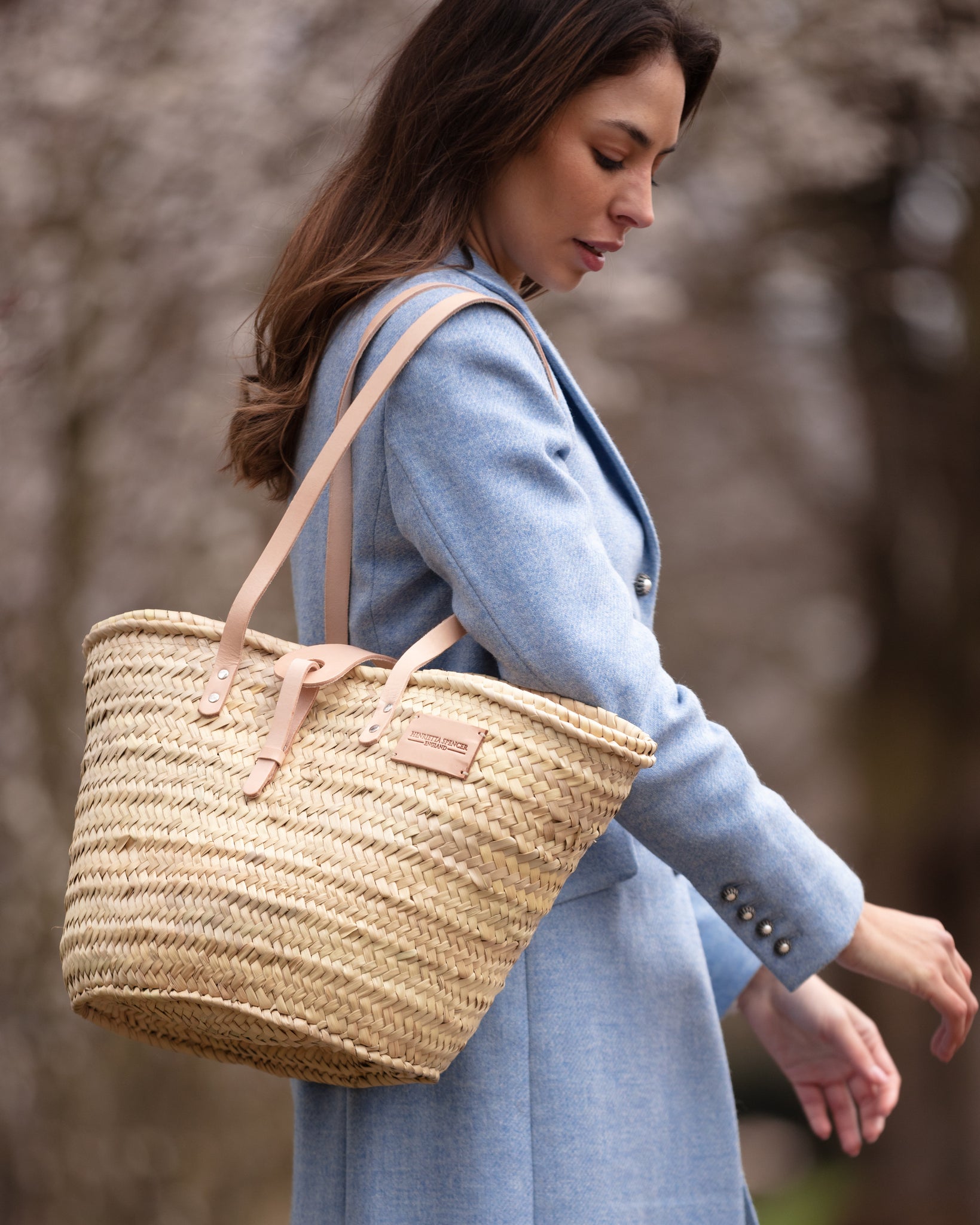 STRAW BAG Handmade with leather, French Market Basket