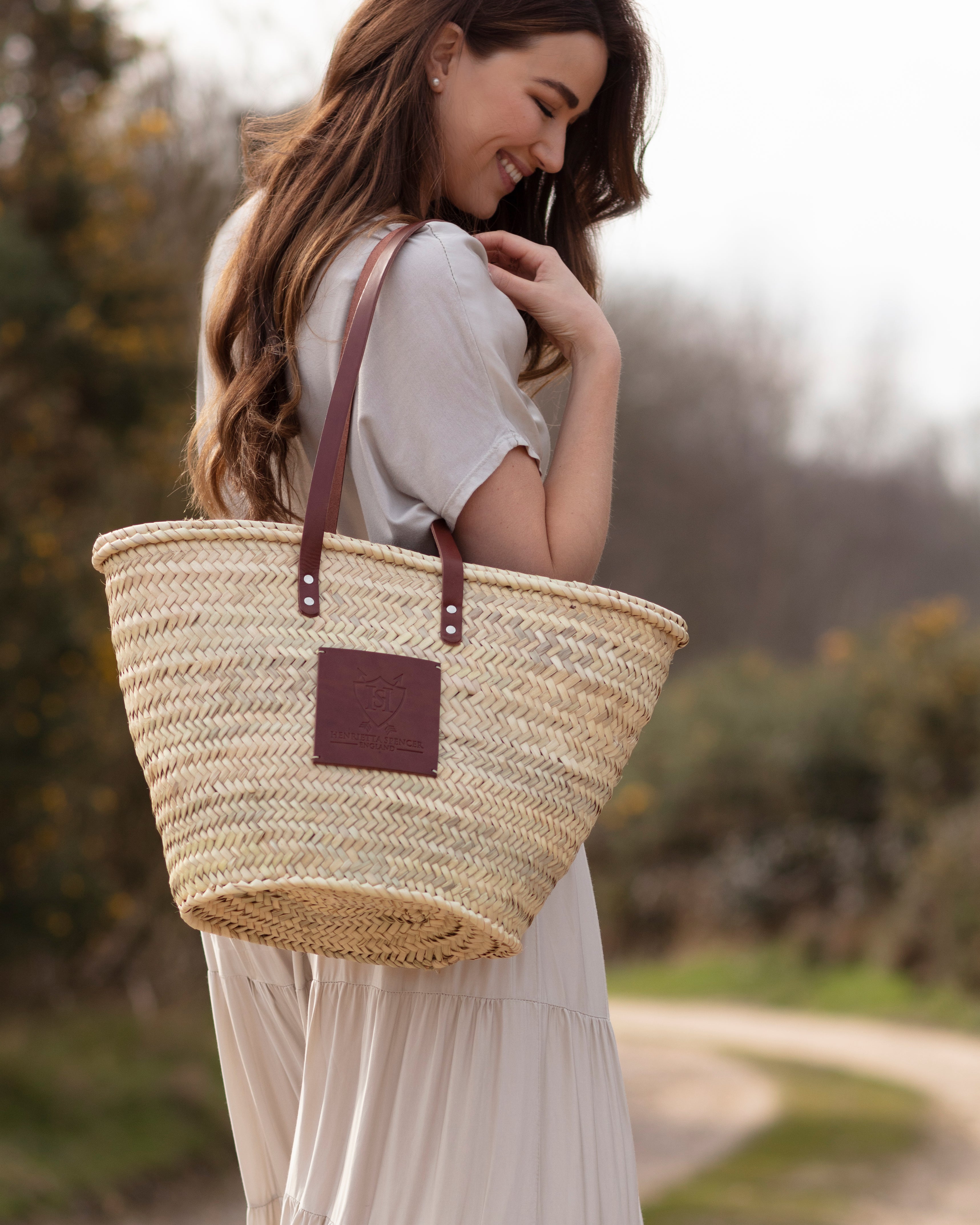 Straw Basket bag with brown leather straps and zip