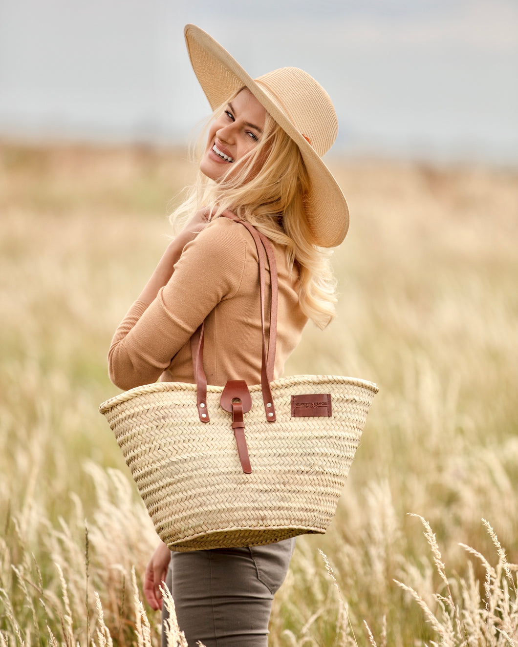 New Classic basket bag by Henrietta Spencer, New straw bag with leather details and zip closer. Unique handmade basket bag 